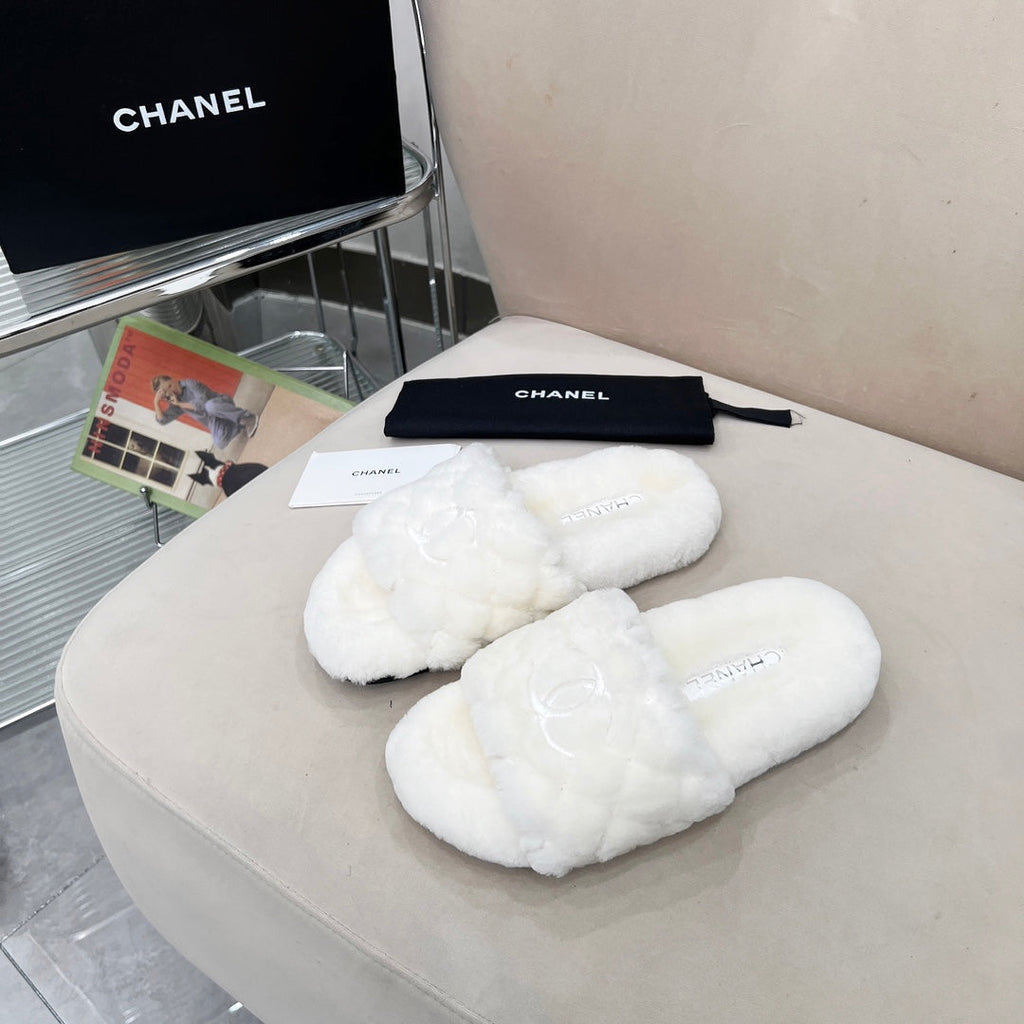 Chanel 25S Fur Slippers with Exposed-Stitch Straps in White