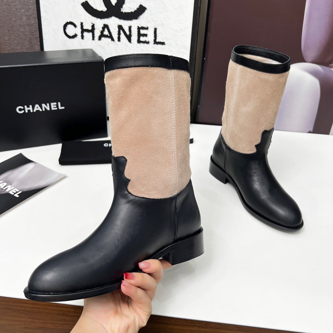 Chanel 25S Mid-Calf Boots 35mm in Black Calfskin and Taupe Gray Suede Gold Hardware