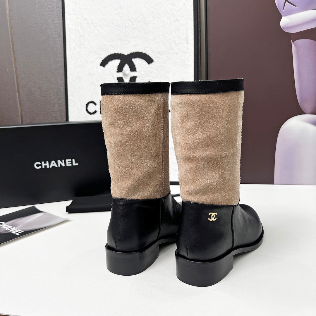 Chanel 25S Mid-Calf Boots 35mm in Black Calfskin and Taupe Gray Suede Gold Hardwre