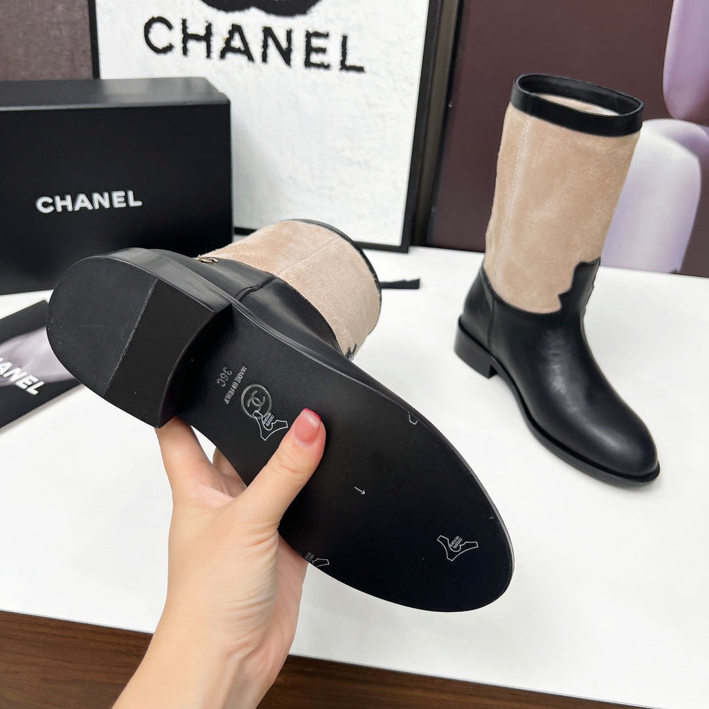 Chanel 25S Mid-Calf Boots 35mm in Black Calfskin and Taupe Gray Suede Gold Hardware