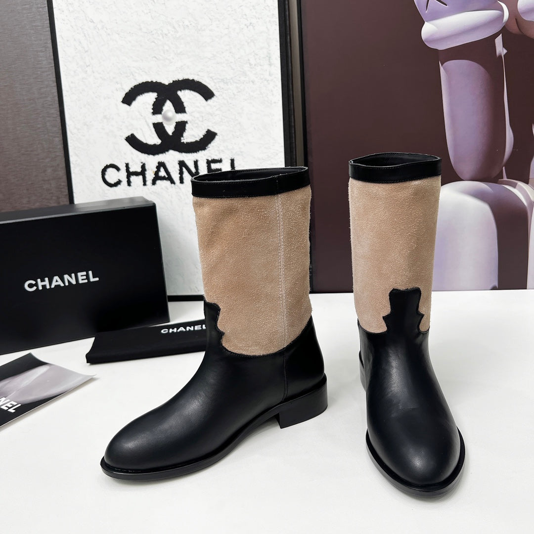 Chanel 25S Mid-Calf Boots 35mm in Black Calfskin and Taupe Gray Suede Gold Hardwre