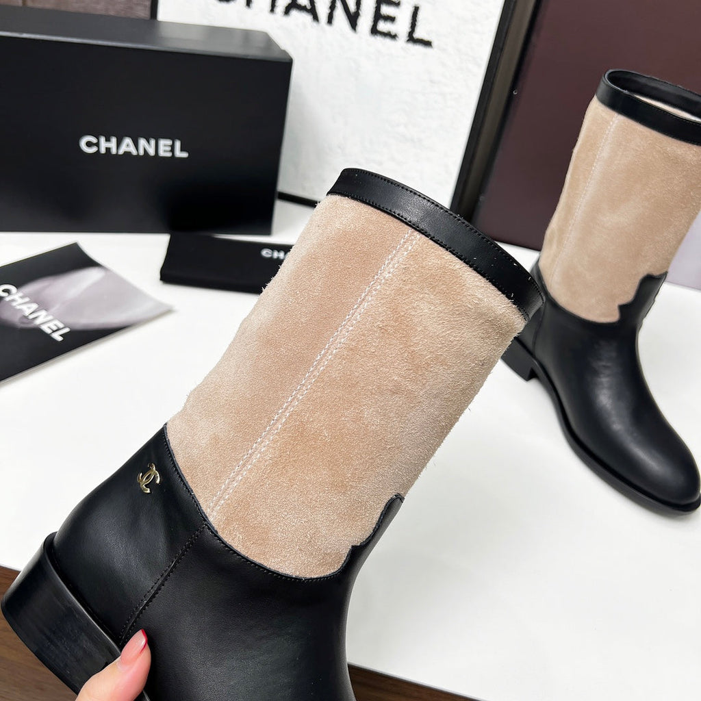 Chanel 25S Mid-Calf Boots 35mm in Black Calfskin and Taupe Gray Suede Gold Hardwre