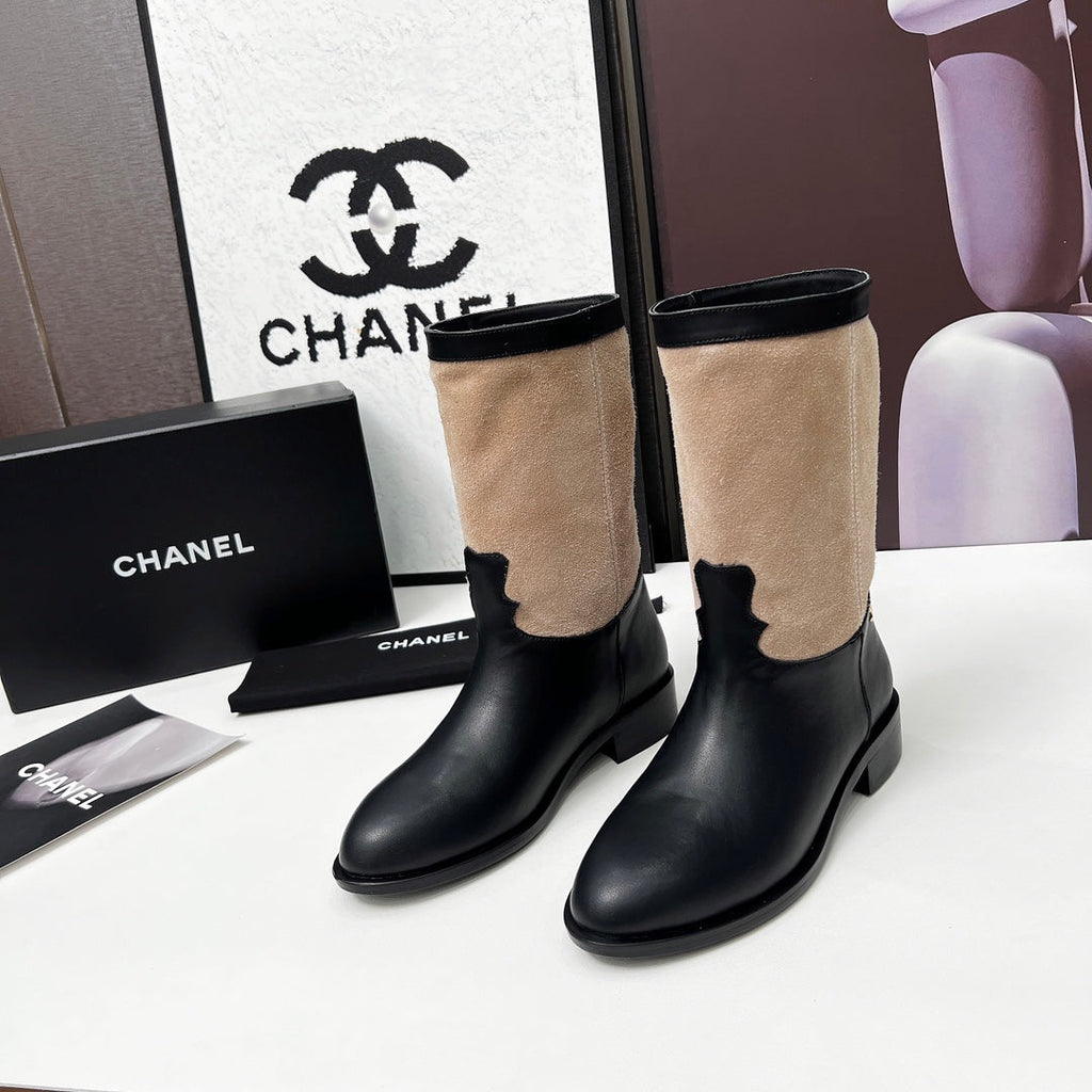 Chanel 25S Mid-Calf Boots 35mm in Black Calfskin and Taupe Gray Suede Gold Hardwre