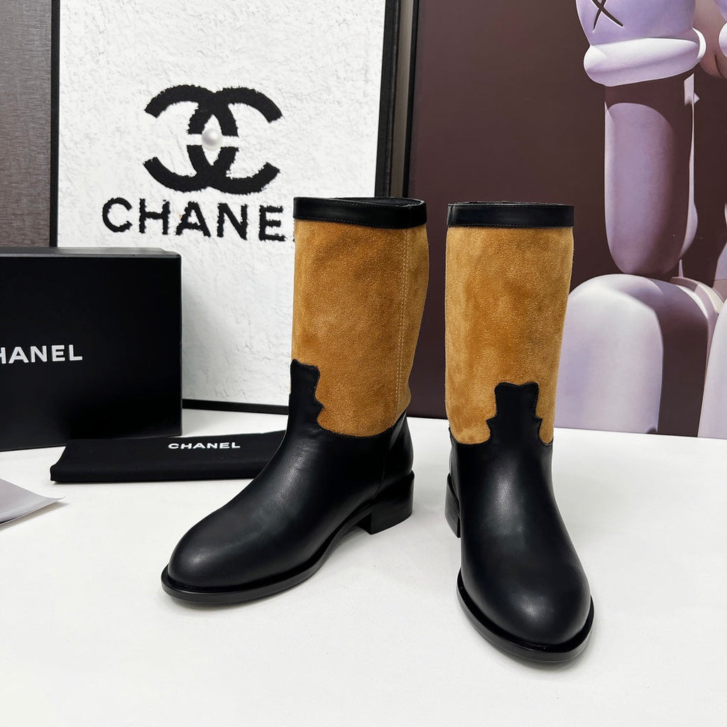 Chanel 25S Mid-Calf Boots 35mm in Black Calfskin and Caramel Suede Gold Hardware