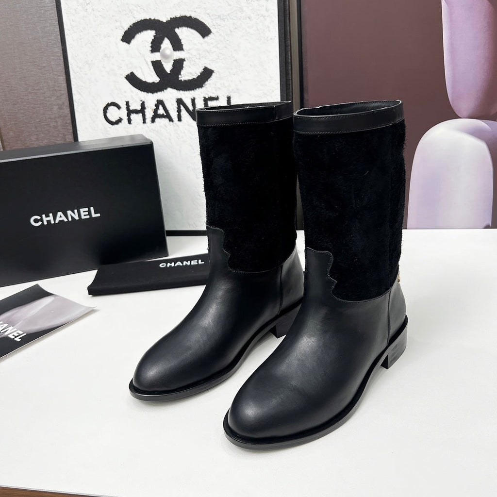 Chanel 25S Mid-Calf Boots 35mm in Black Calfskin and Suede Gold Hardware
