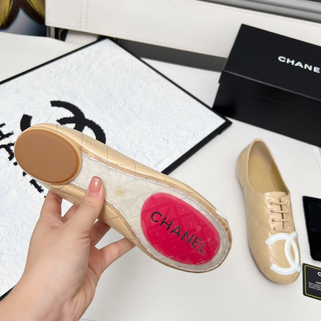 Chanel 25S Dance Shoes with Printed Logo in Beige Calfskin