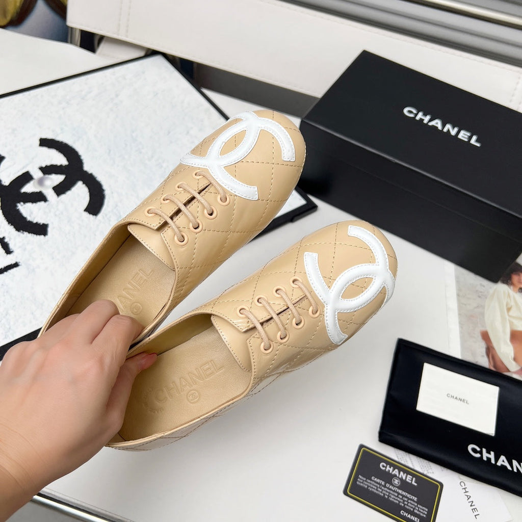Chanel 25S Dance Shoes with Printed Logo in Beige Calfskin