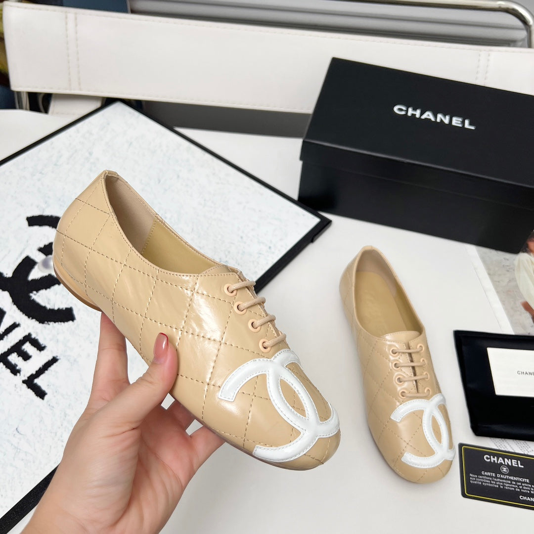 Chanel 25S Dance Shoes with Printed Logo in Beige Calfskin