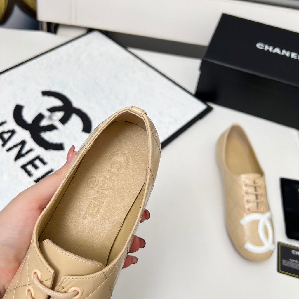 Chanel 25S Dance Shoes with Printed Logo in Beige Calfskin