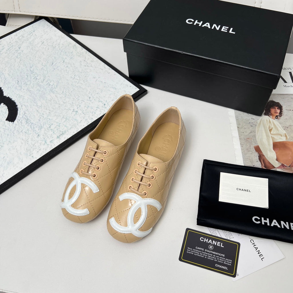 Chanel 25S Dance Shoes with Printed Logo in Beige Calfskin