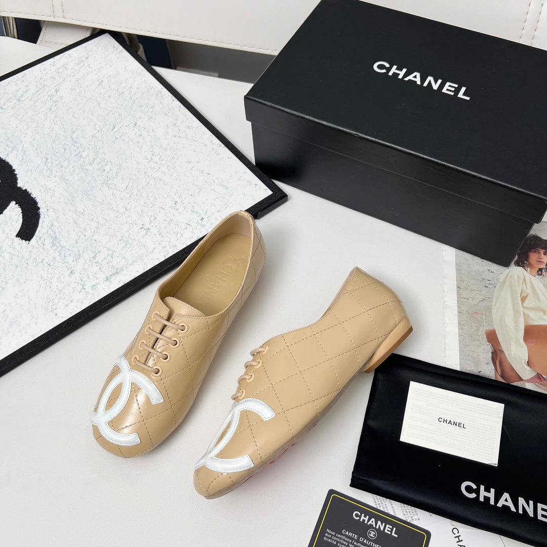 Chanel 25S Dance Shoes with Printed Logo in Beige Calfskin