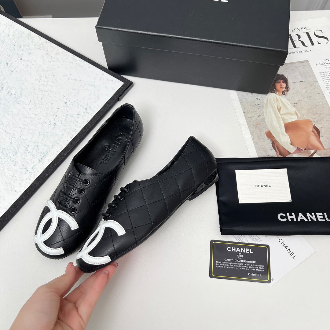 Chanel 25S Dance Shoes with Printed Logo in Black Calfskin