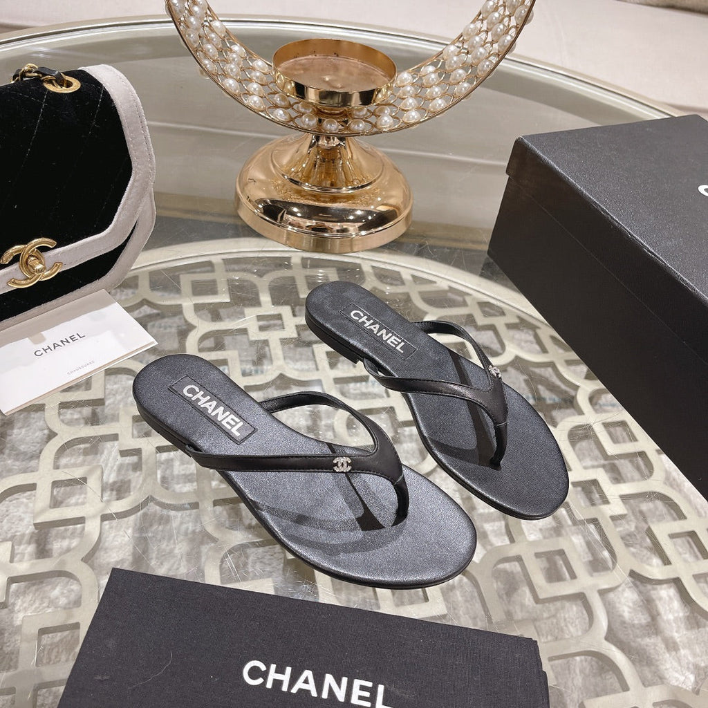 Chanel Double Flip Flop Thongs Black Sheepskin