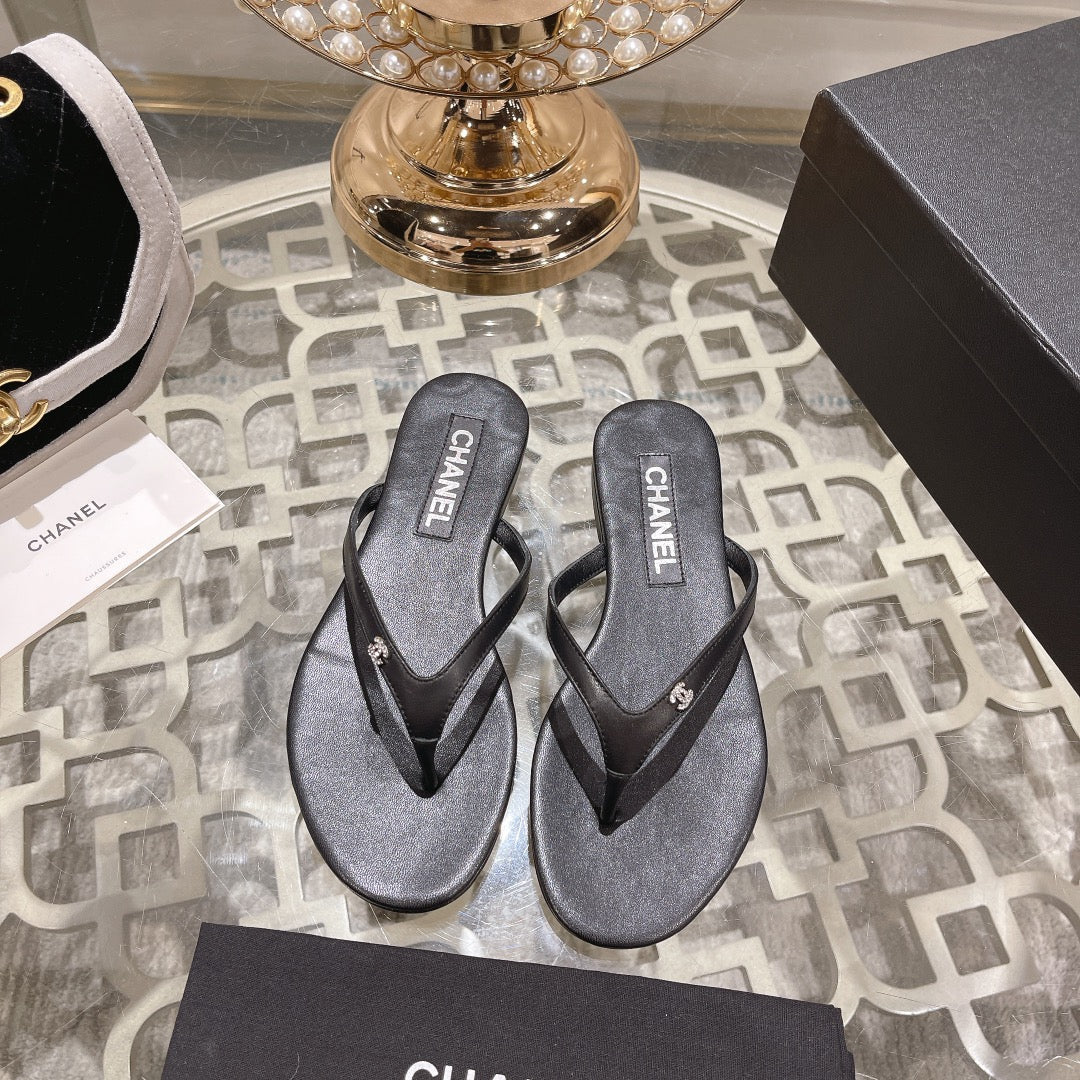 Chanel Double Flip Flop Thongs Black Sheepskin
