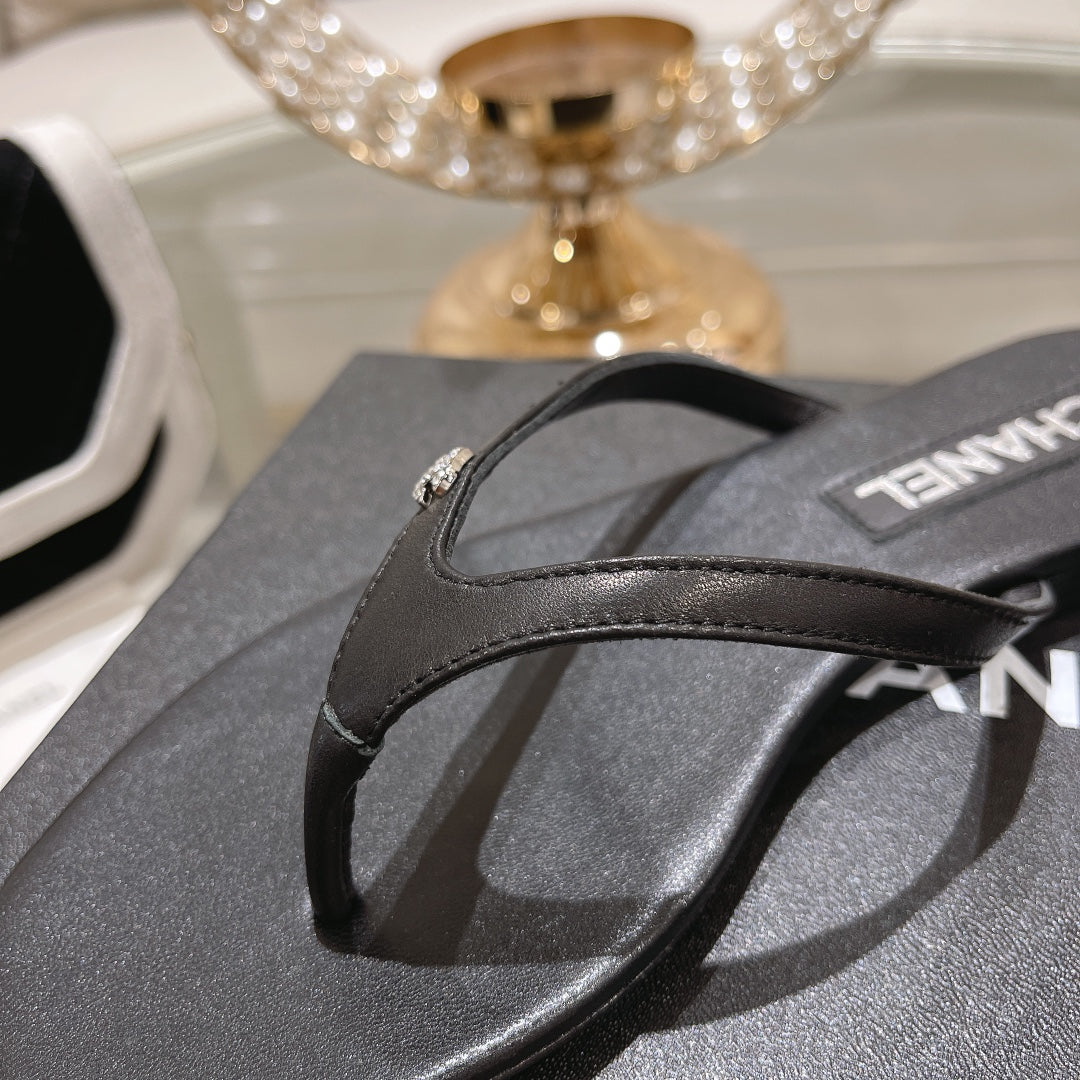 Chanel Double Flip Flop Thongs Black Sheepskin