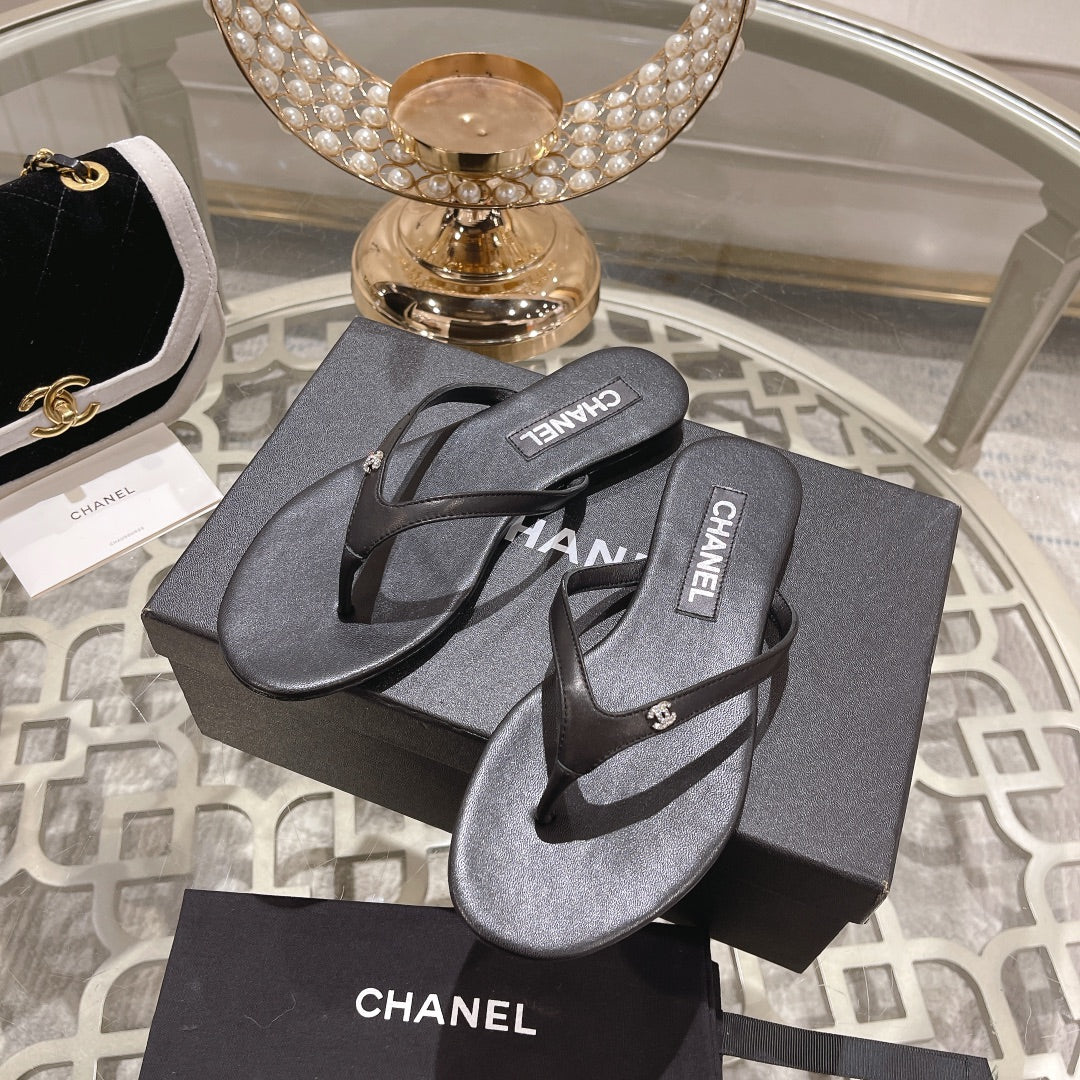 Chanel Double Flip Flop Thongs Black Sheepskin