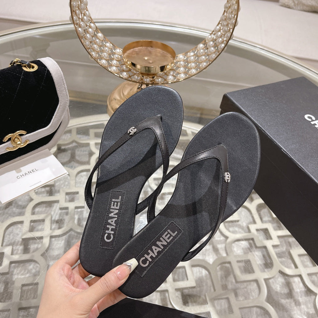 Chanel Double Flip Flop Thongs Black Sheepskin