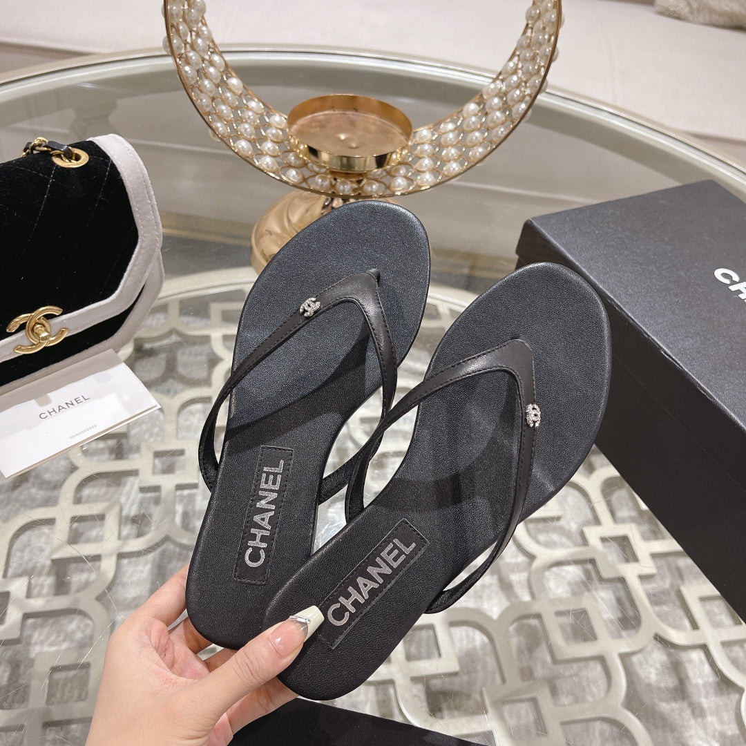 Chanel Double Flip Flop Thongs Black Sheepskin