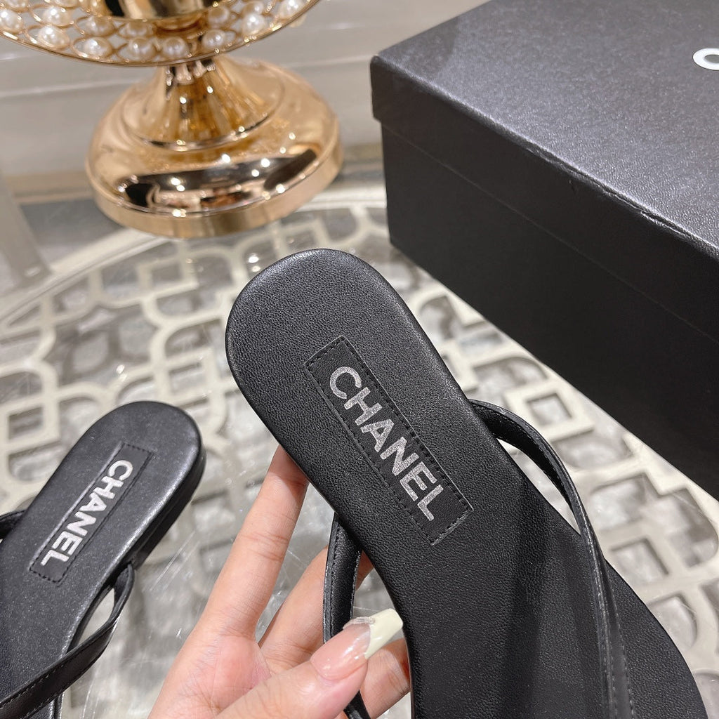 Chanel Double Flip Flop Thongs Black Sheepskin