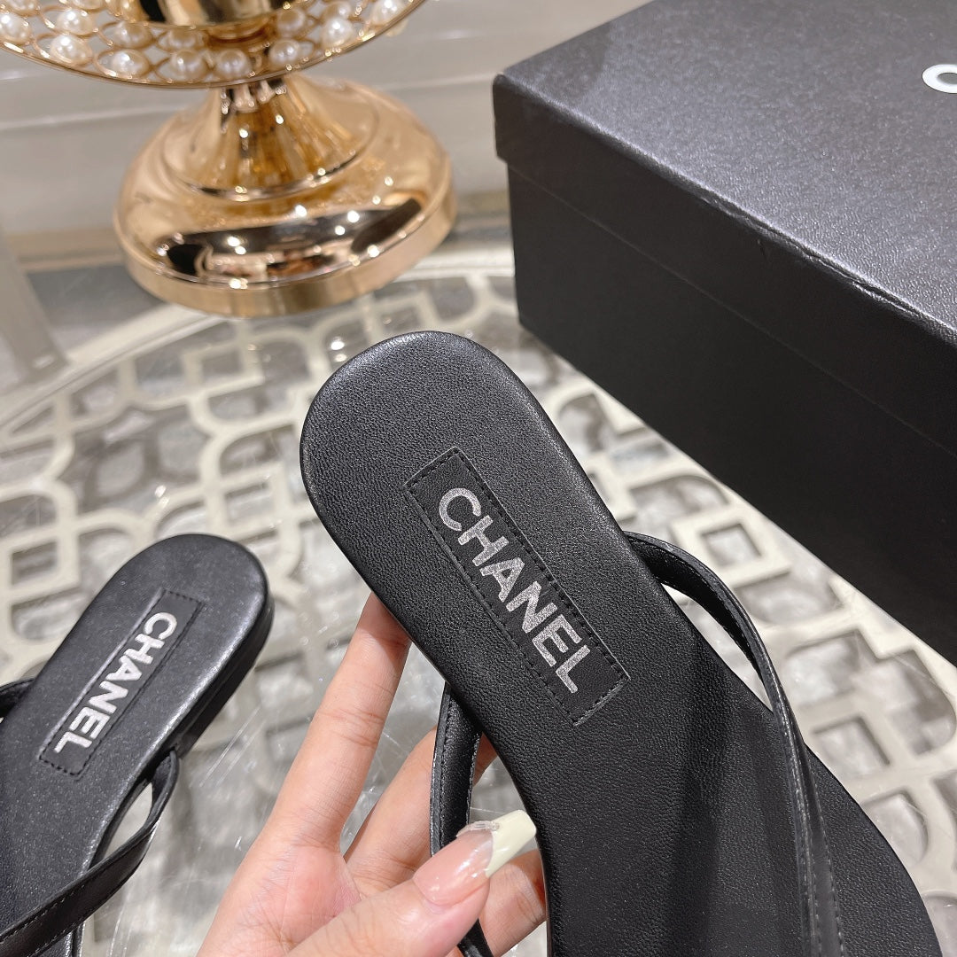 Chanel Double Flip Flop Thongs Black Sheepskin