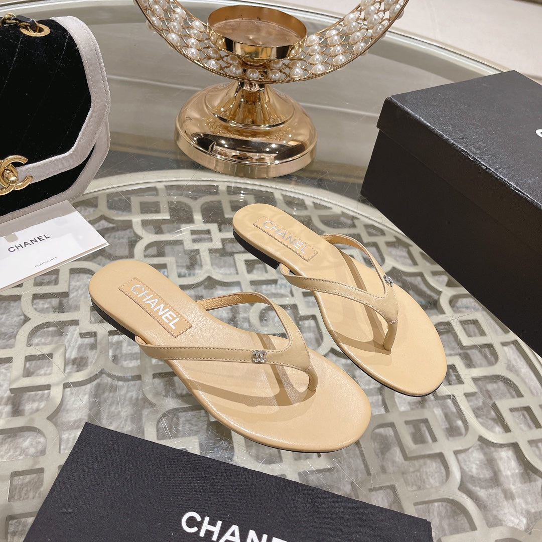 Chanel Double Flip Flop Thongs Beige Cream Sheepskin