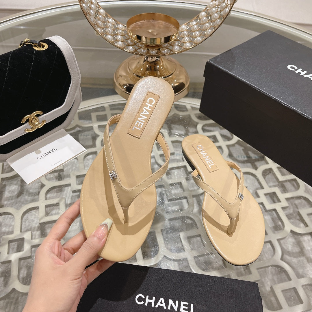 Chanel Double Flip Flop Thongs Beige Cream Sheepskin