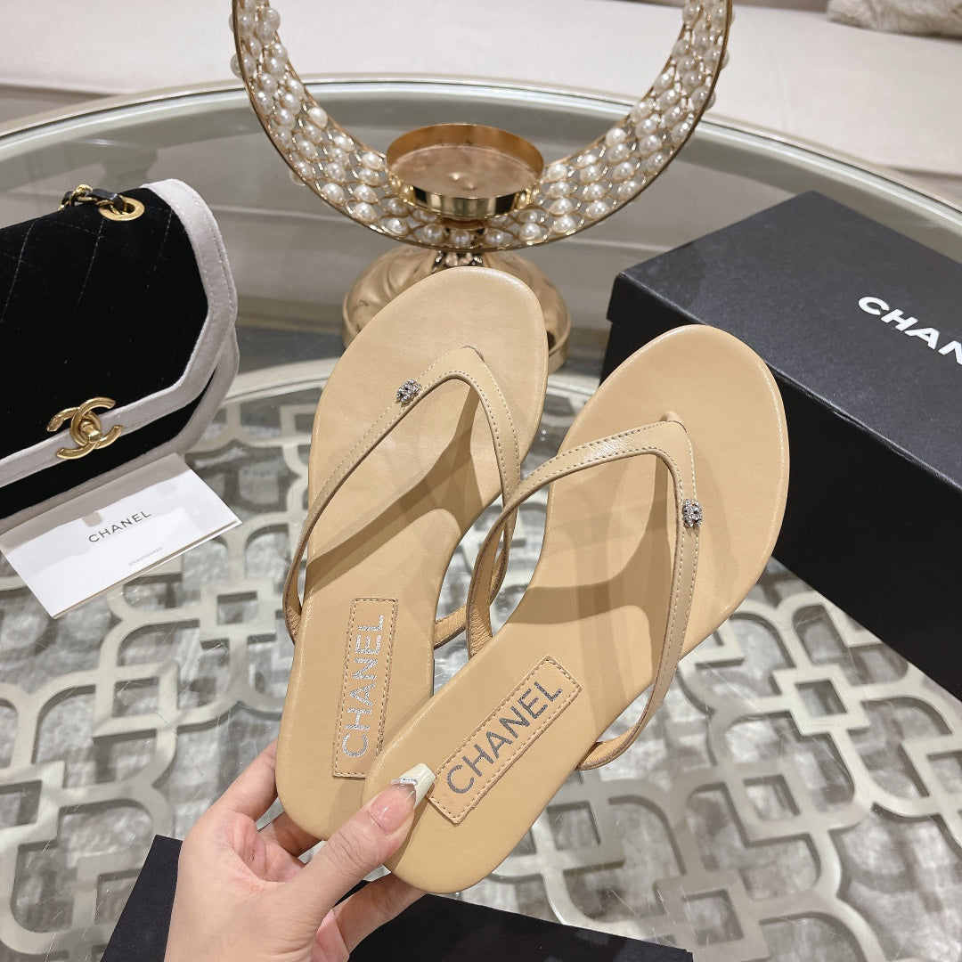 Chanel Double Flip Flop Thongs Beige Cream Sheepskin