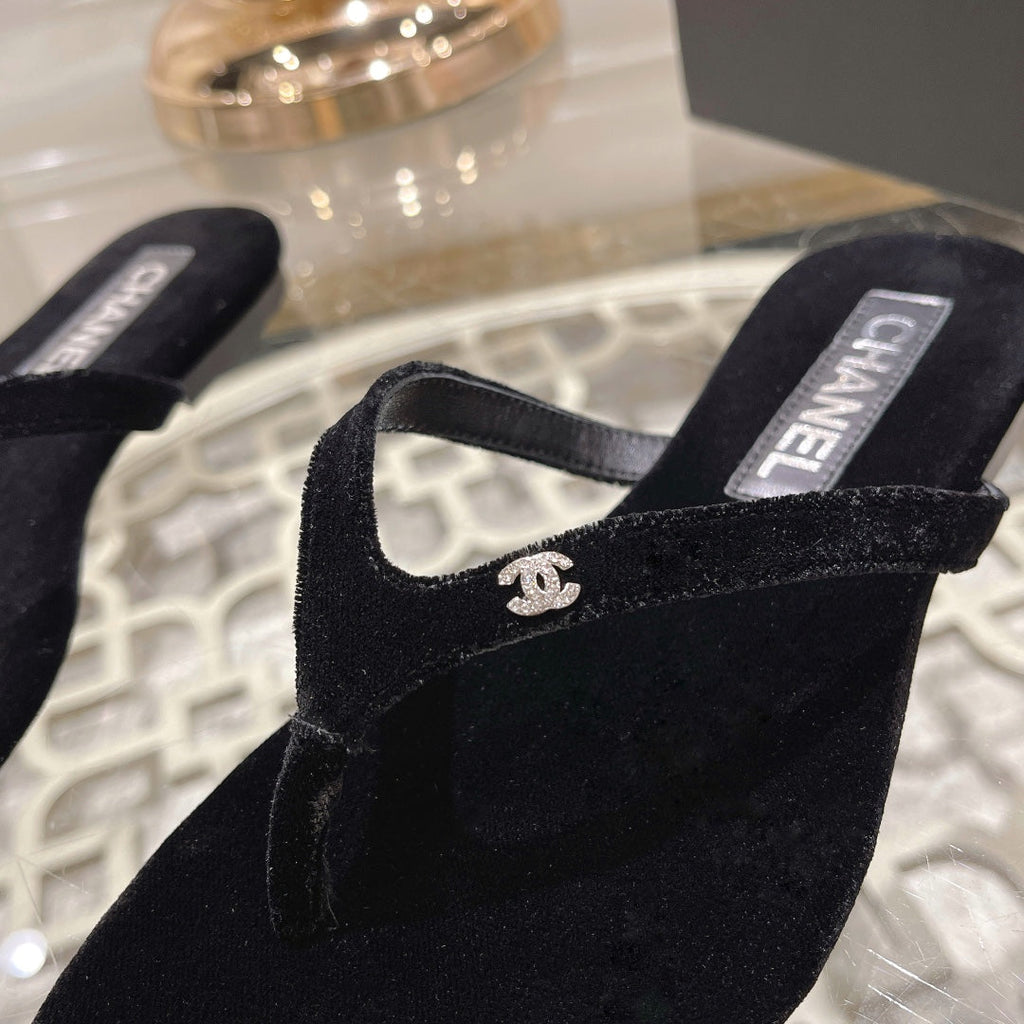 Chanel Double Velvet Flip Flop Thongs Black