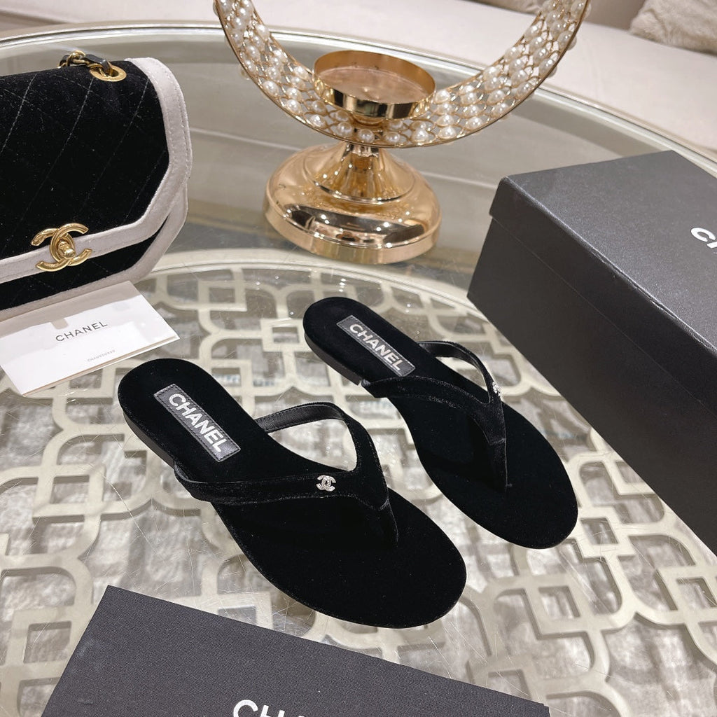 Chanel Double Velvet Flip Flop Thongs Black