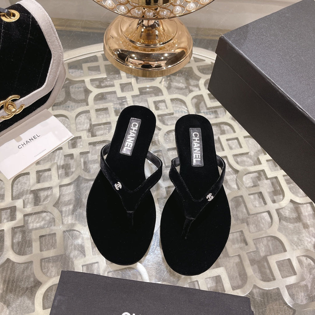 Chanel Double Velvet Flip Flop Thongs Black