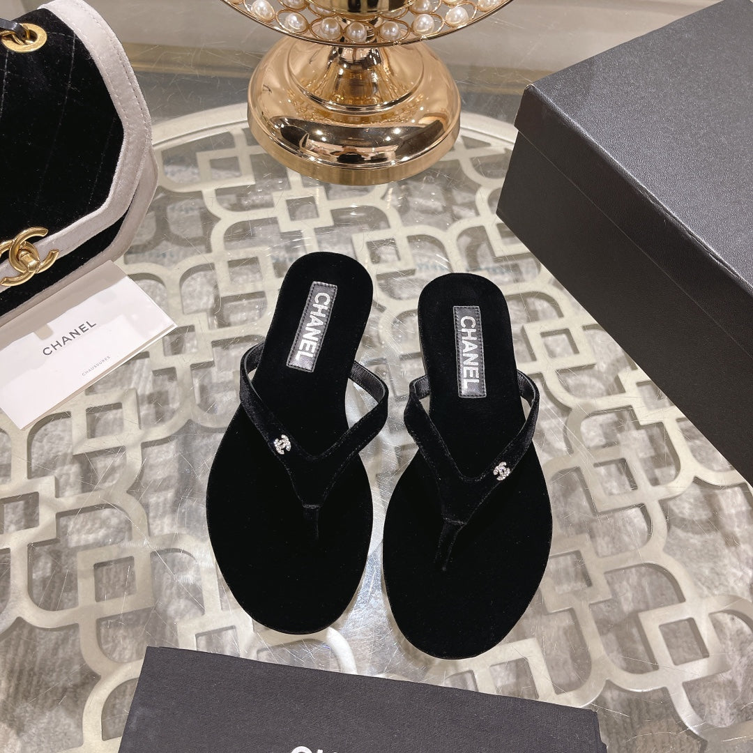 Chanel Double Velvet Flip Flop Thongs Black