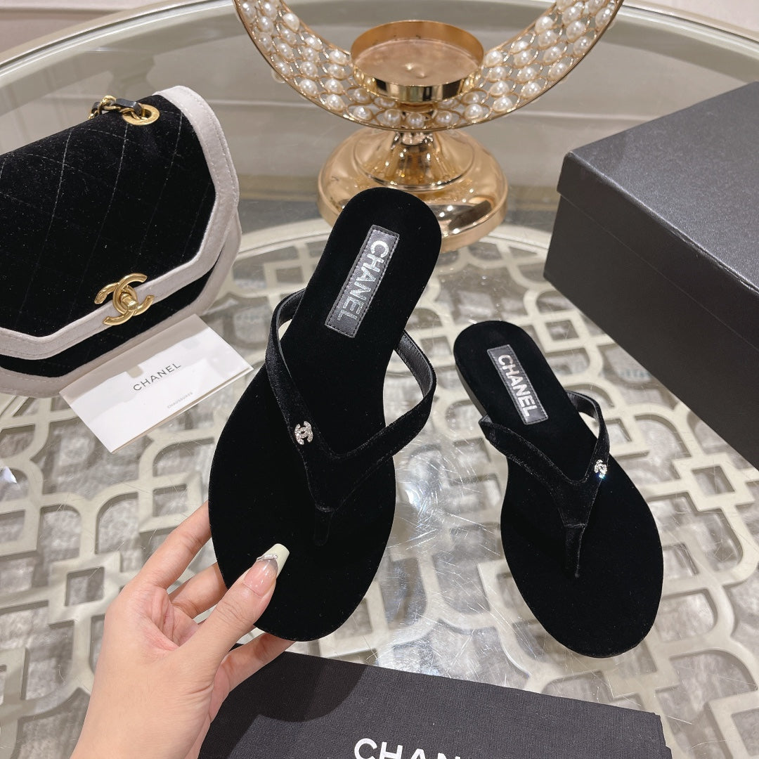 Chanel Double Velvet Flip Flop Thongs Black