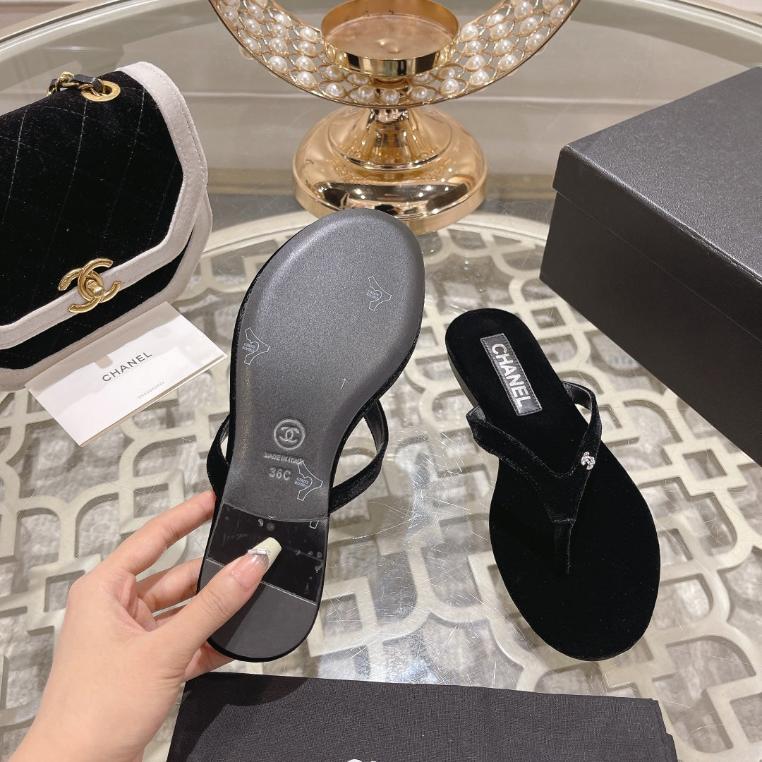 Chanel Double Velvet Flip Flop Thongs Black
