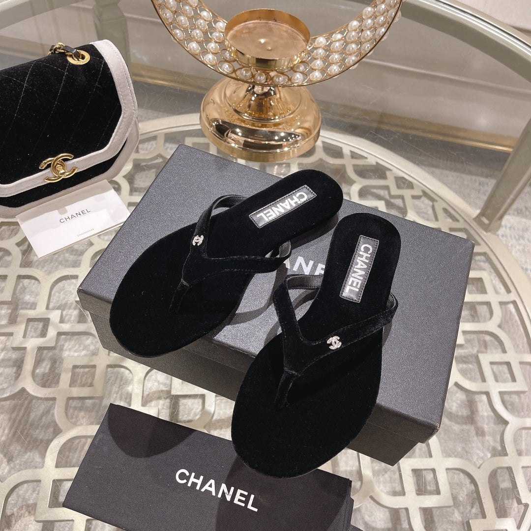 Chanel Double Velvet Flip Flop Thongs Black