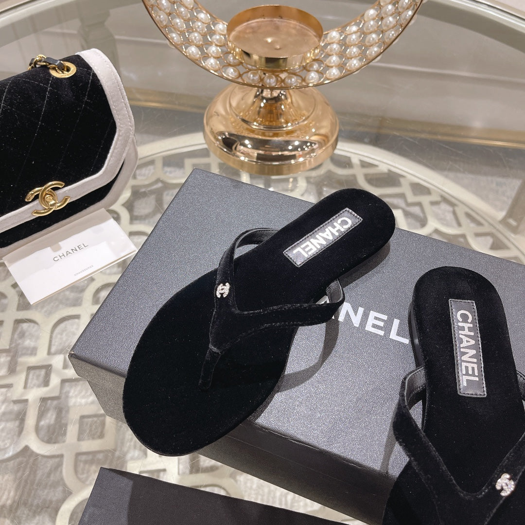Chanel Double Velvet Flip Flop Thongs Black