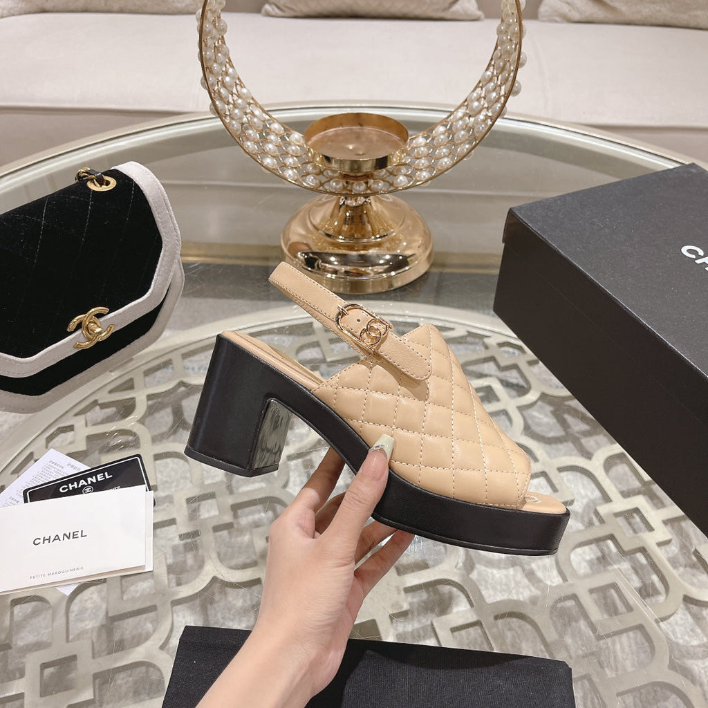 Chanel Double C Chunky Heel Peep-Toe Open Sandals Beige Cream Lambskin