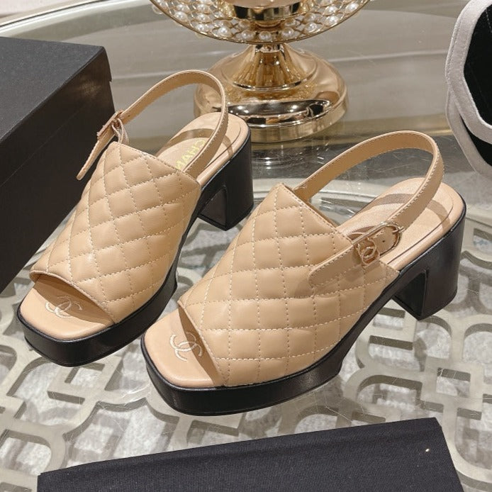 Chanel Double C Chunky Heel Peep-Toe Open Sandals Beige Cream Lambskin