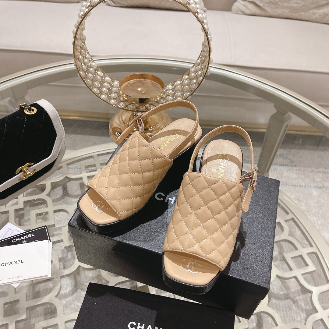 Chanel Double C Chunky Heel Peep-Toe Open Sandals Beige Cream Lambskin