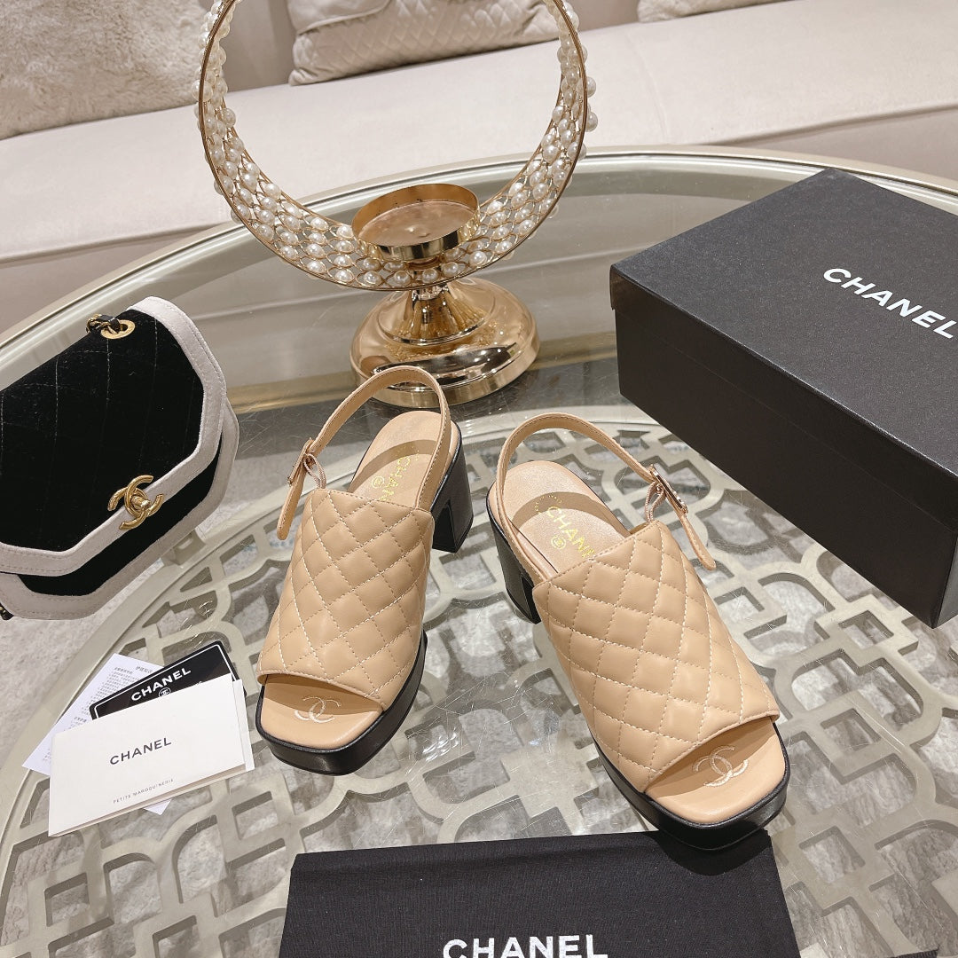 Chanel Double C Chunky Heel Peep-Toe Open Sandals Beige Cream Lambskin