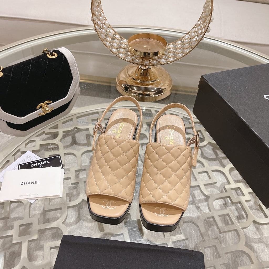 Chanel Double C Chunky Heel Peep-Toe Open Sandals Beige Cream Lambskin