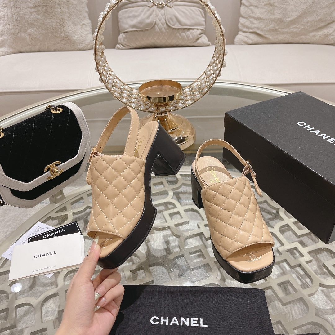 Chanel Double C Chunky Heel Peep-Toe Open Sandals Beige Cream Lambskin