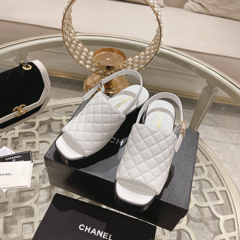 Chanel Double C Chunky Heel Peep-Toe Open Sandals White Lambskin