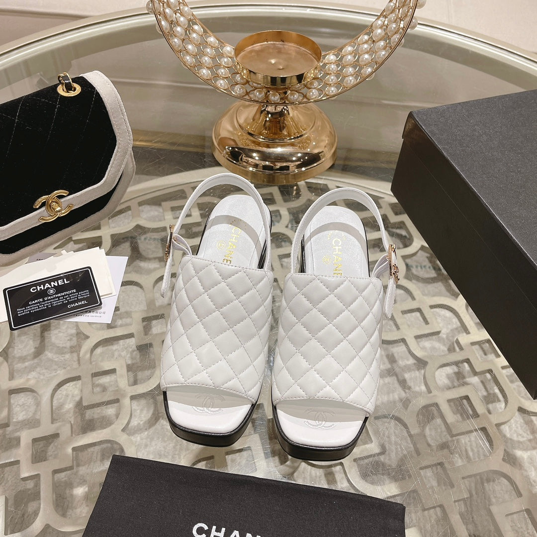 Chanel Double C Chunky Heel Peep-Toe Open Sandals White Lambskin