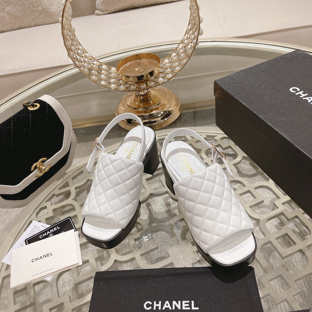 Chanel Double C Chunky Heel Peep-Toe Open Sandals White Lambskin