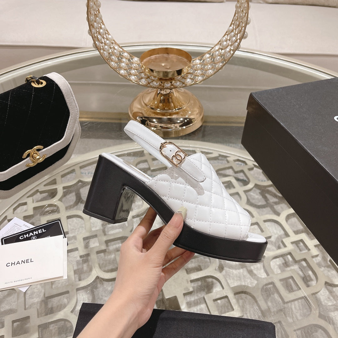 Chanel Double C Chunky Heel Peep-Toe Open Sandals White Lambskin