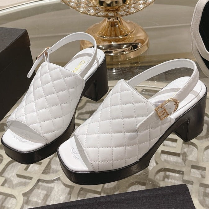 Chanel Double C Chunky Heel Peep-Toe Open Sandals White Lambskin