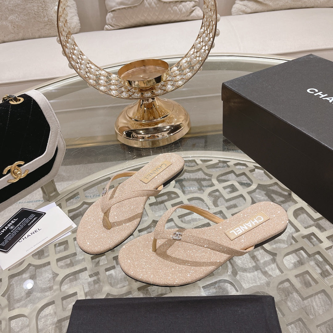 Chanel Double Rhinestone Flip Flop Thongs Beige Cream Sheepskin