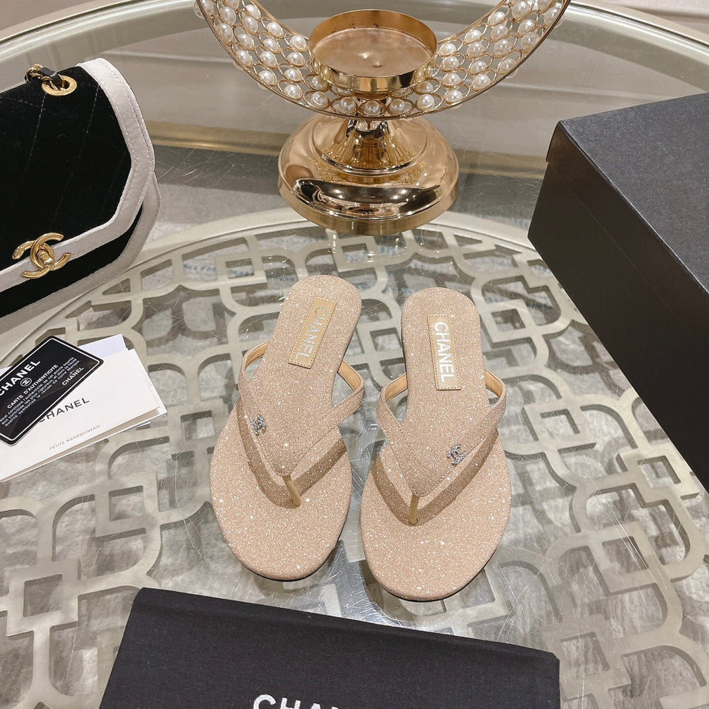 Chanel Double Rhinestone Flip Flop Thongs Beige Cream Sheepskin