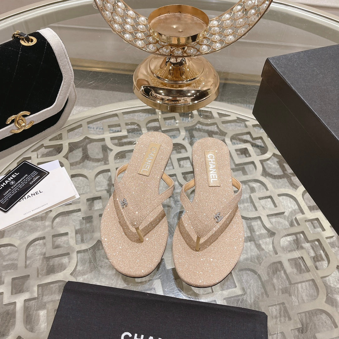 Chanel Double Rhinestone Flip Flop Thongs Beige Cream Sheepskin