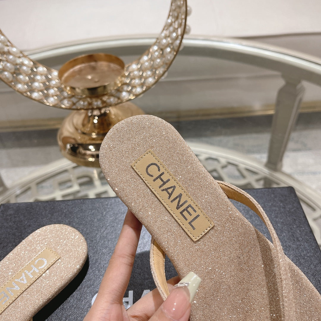 Chanel Double Rhinestone Flip Flop Thongs Beige Cream Sheepskin